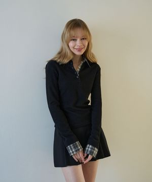 체크 셔츠 카라 레이어드 니트 롱슬리브 블랙