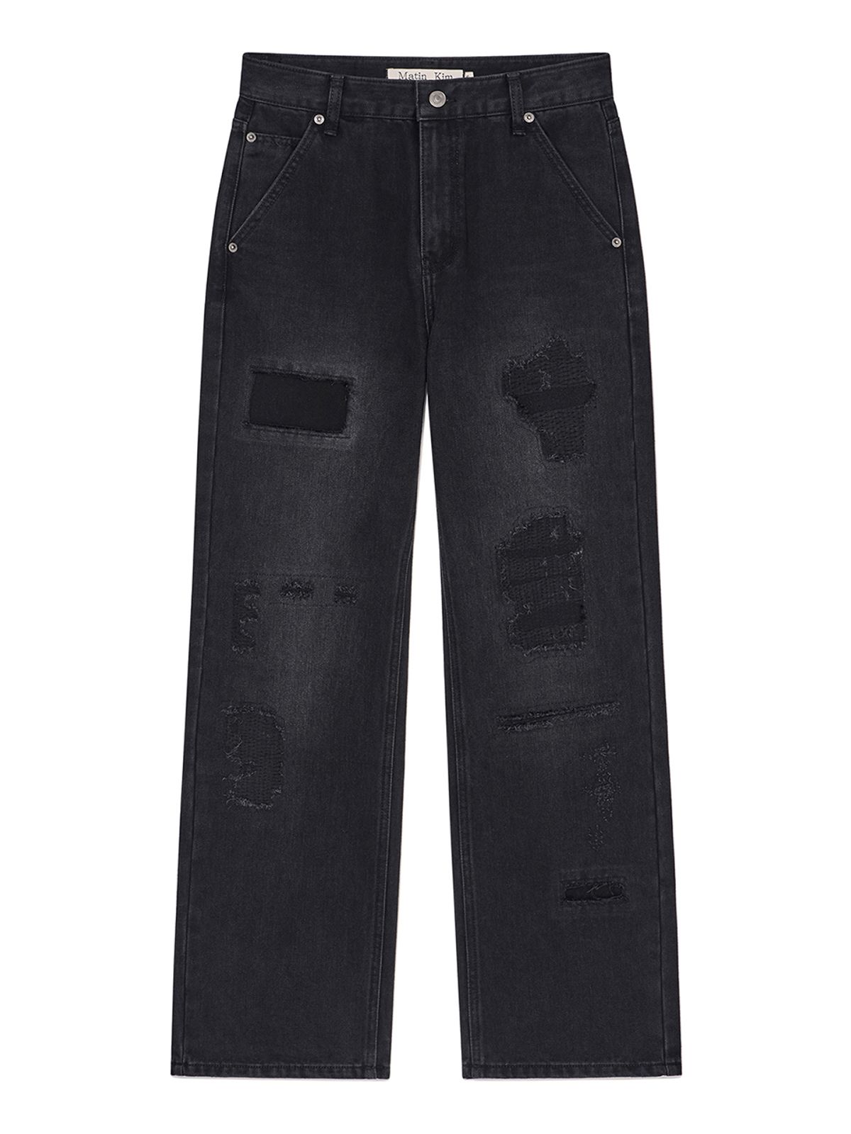 마뗑킴(MATIN KIM) DAMAGE PATCH DENIM PANTS IN BLACK