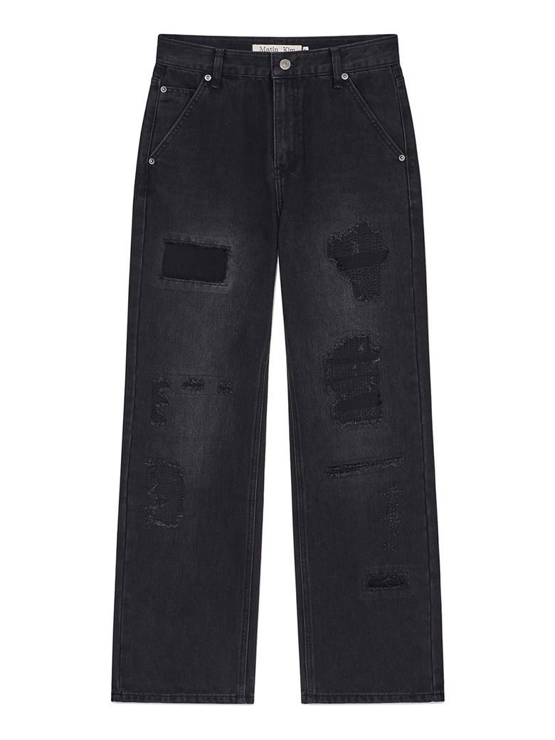 DAMAGE PATCH DENIM PANTS IN BLACK