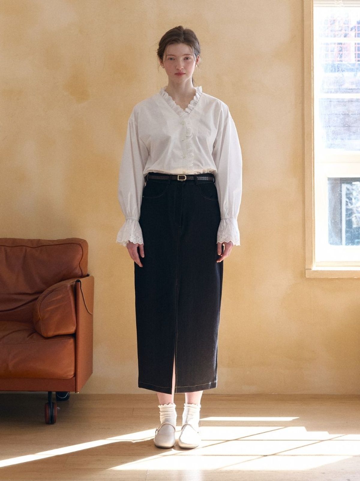 패브릭서울(FABRICSEOUL) front slit denim long skirt_black
