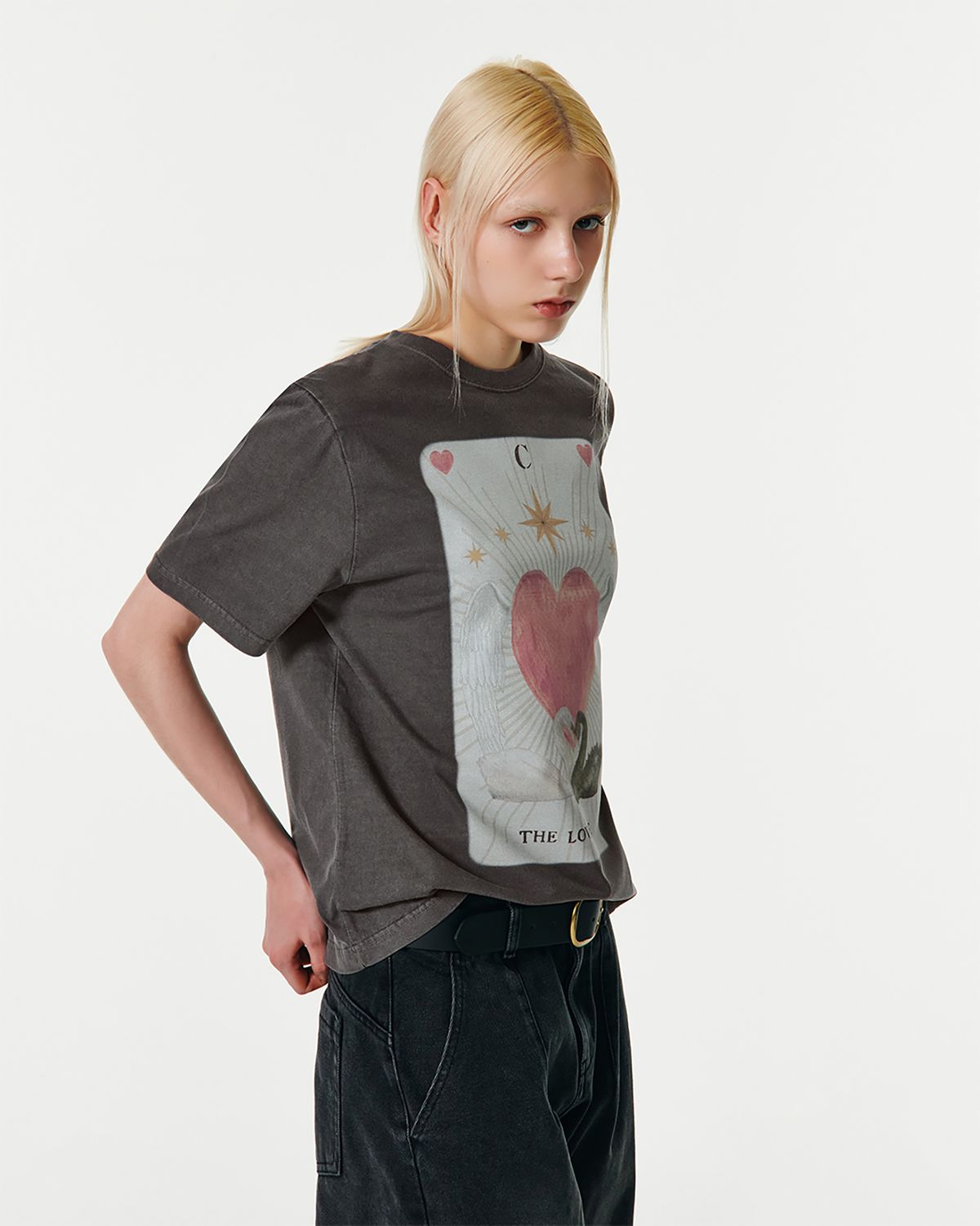 커렌트(CURRENT) THE LOVERS TAROT PIGMENT T-SHIRT [CHARCOAL]