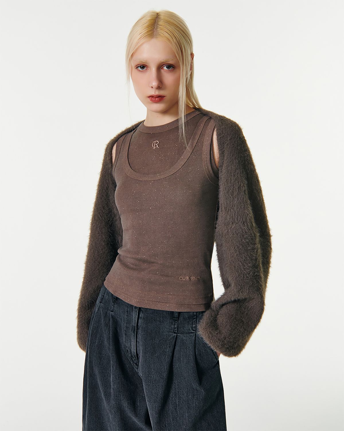 커렌트(CURRENT) CARRIE HAIRY KNIT BOLERO CARDIGAN [BROWN]