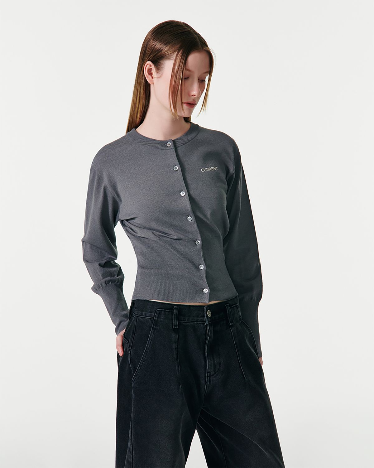 커렌트(CURRENT) ESSENTIAL LOGO KNIT CARDIGAN [MELLANGE GRAY]