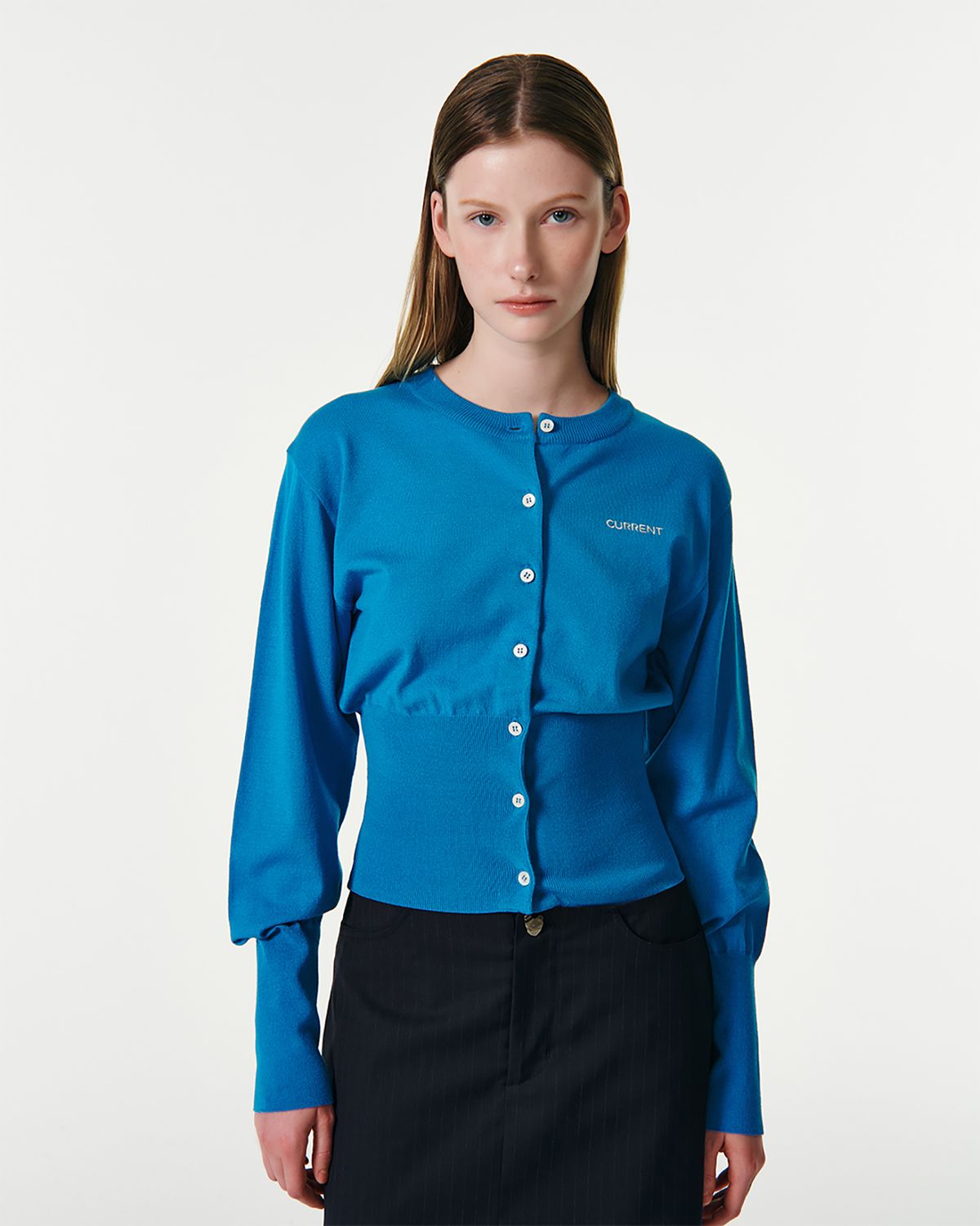 커렌트(CURRENT) ESSENTIAL LOGO KNIT CARDIGAN [BLUE]