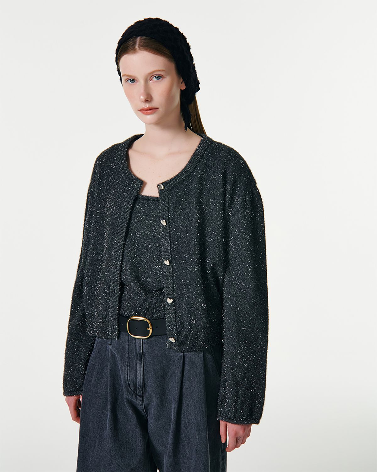 커렌트(CURRENT) METALLIC PUFF SLEEVES CARDIGAN [DARK GRAY]