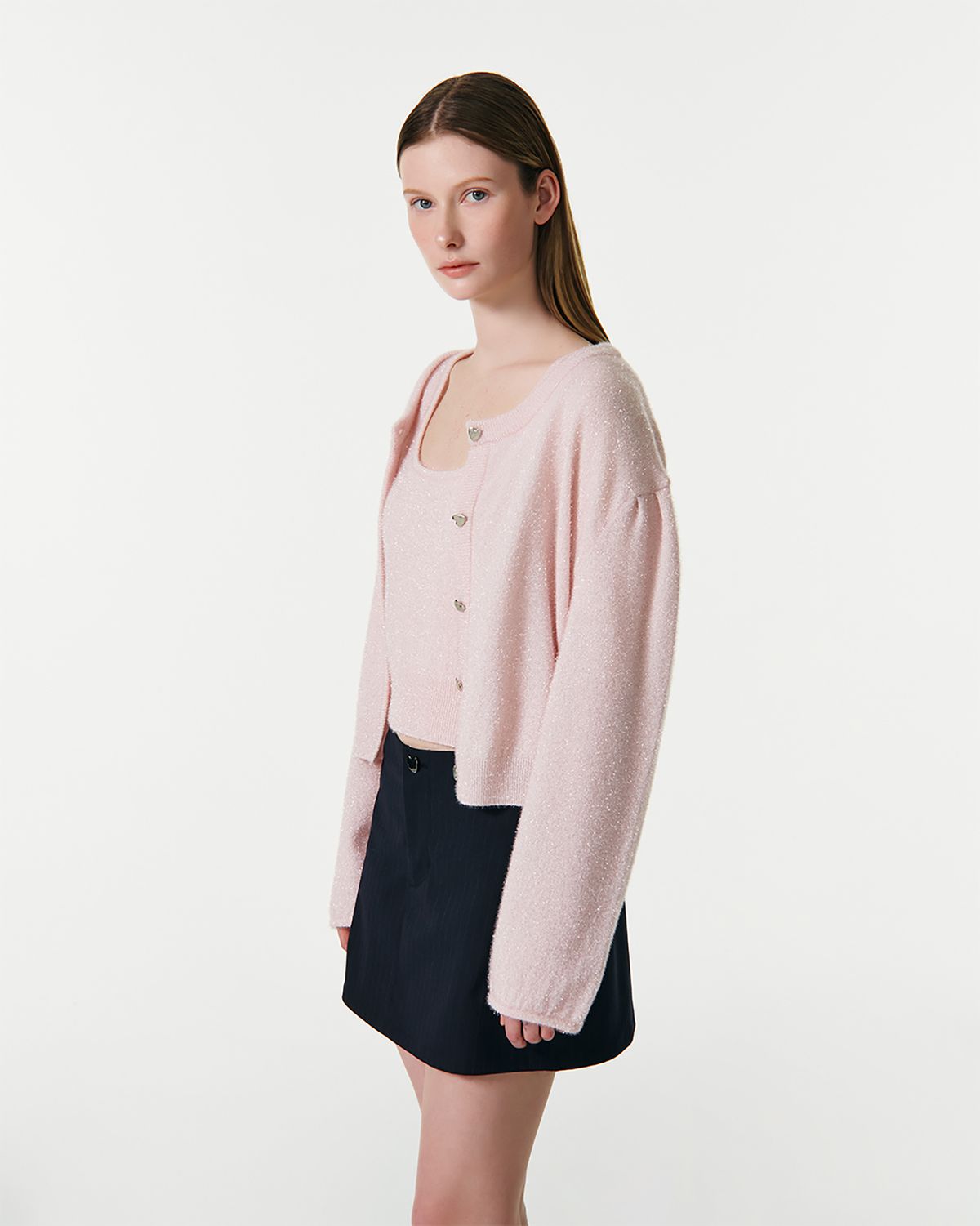 커렌트(CURRENT) METALLIC PUFF SLEEVES CARDIGAN [LIGHT PINK]