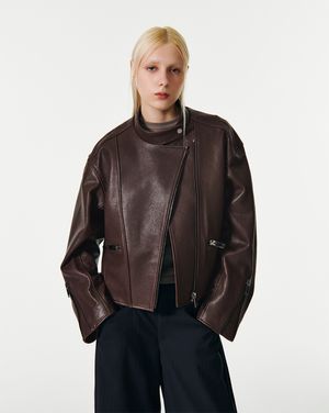 LAMB SKIN OVERSIZED BIKER JACKET [BROWN]