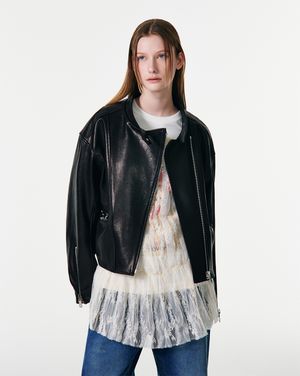 LAMB SKIN OVERSIZED BIKER JACKET [BLACK]