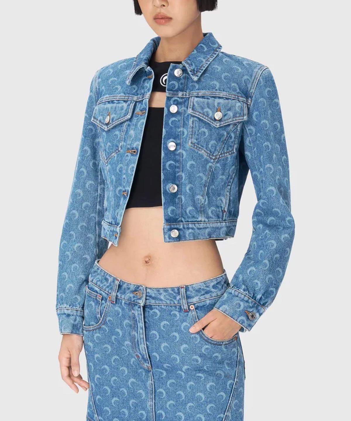 마린 세르(MARINE SERRE) (W) 문 레이저 데님 크롭 자켓 라이트 블루 MOON LASER DENIM CROPPED JACKET LIGHT BLUE