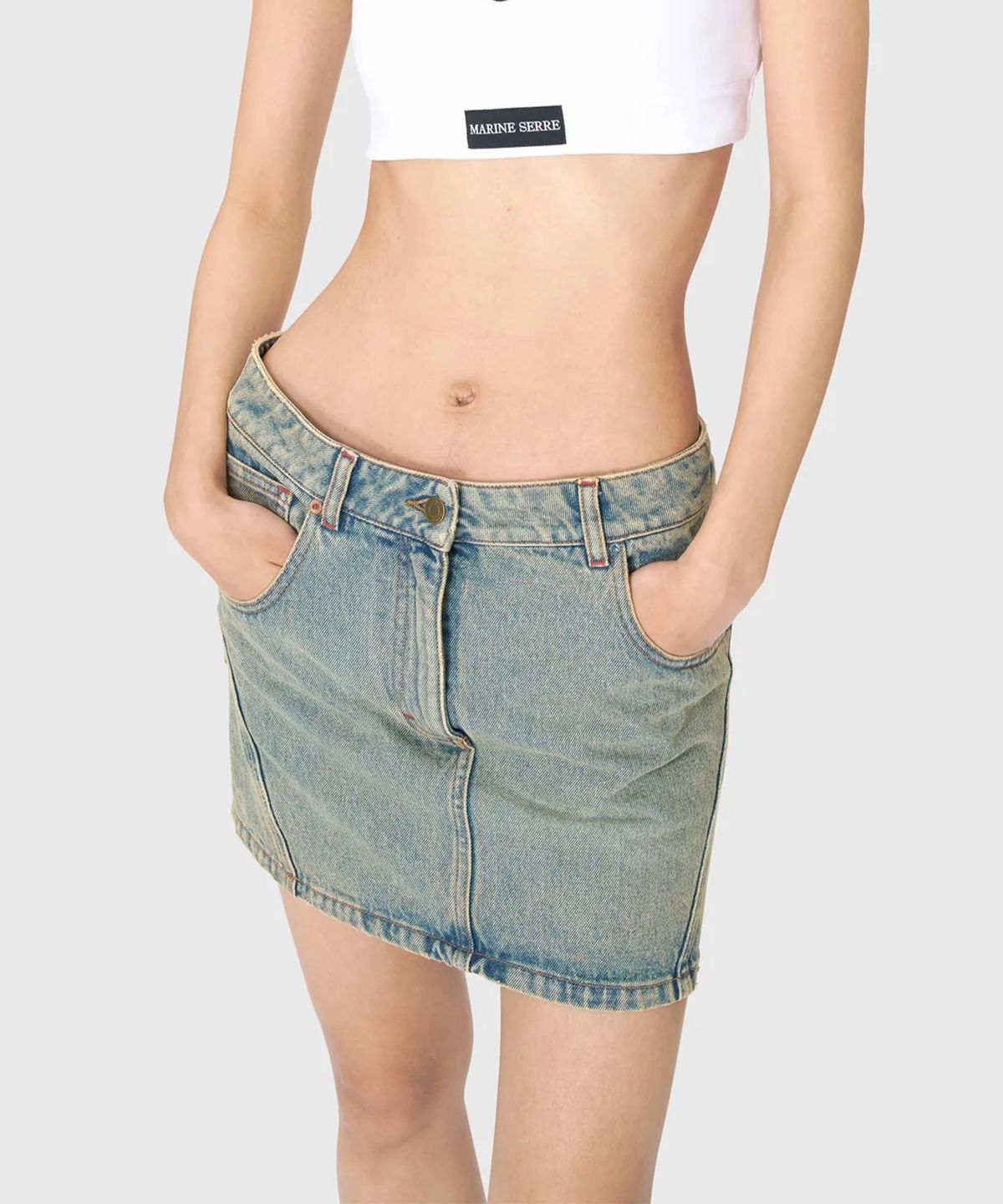 마린 세르(MARINE SERRE) (W) 문 레이저 데님 미니 스커트 라이트 베이지 MOON LASER DENIM MINI SKIRT LIGHT BEIGE