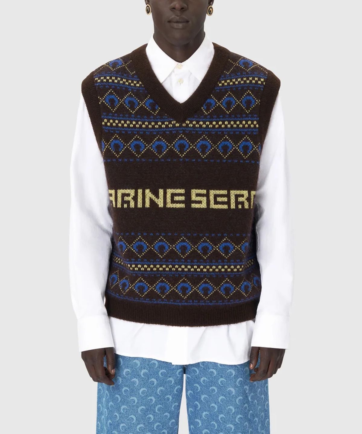 마린 세르(MARINE SERRE) (U) 자카드 니트 베스트 딥 브라운 JACQUARD KNIT VEST DEEP BROWN