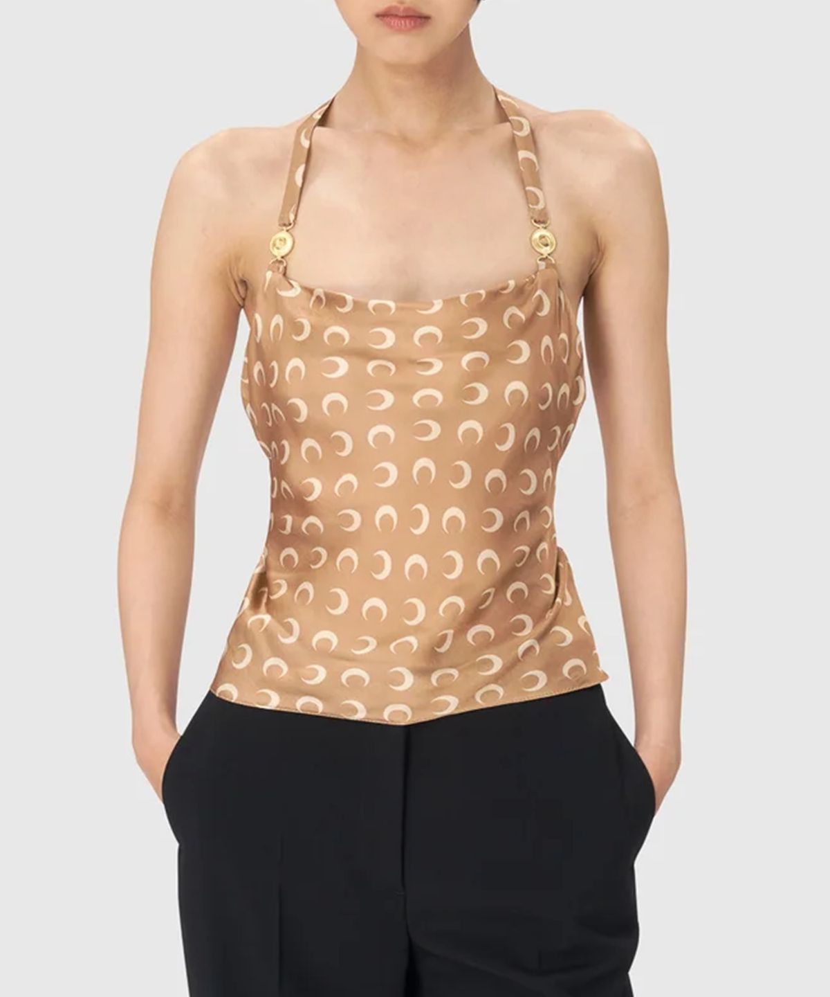 마린 세르(MARINE SERRE) (W) 문 새틴 스트랩 탑 다크 카멜 MOON SATIN STRAP TOP DARK CAMEL