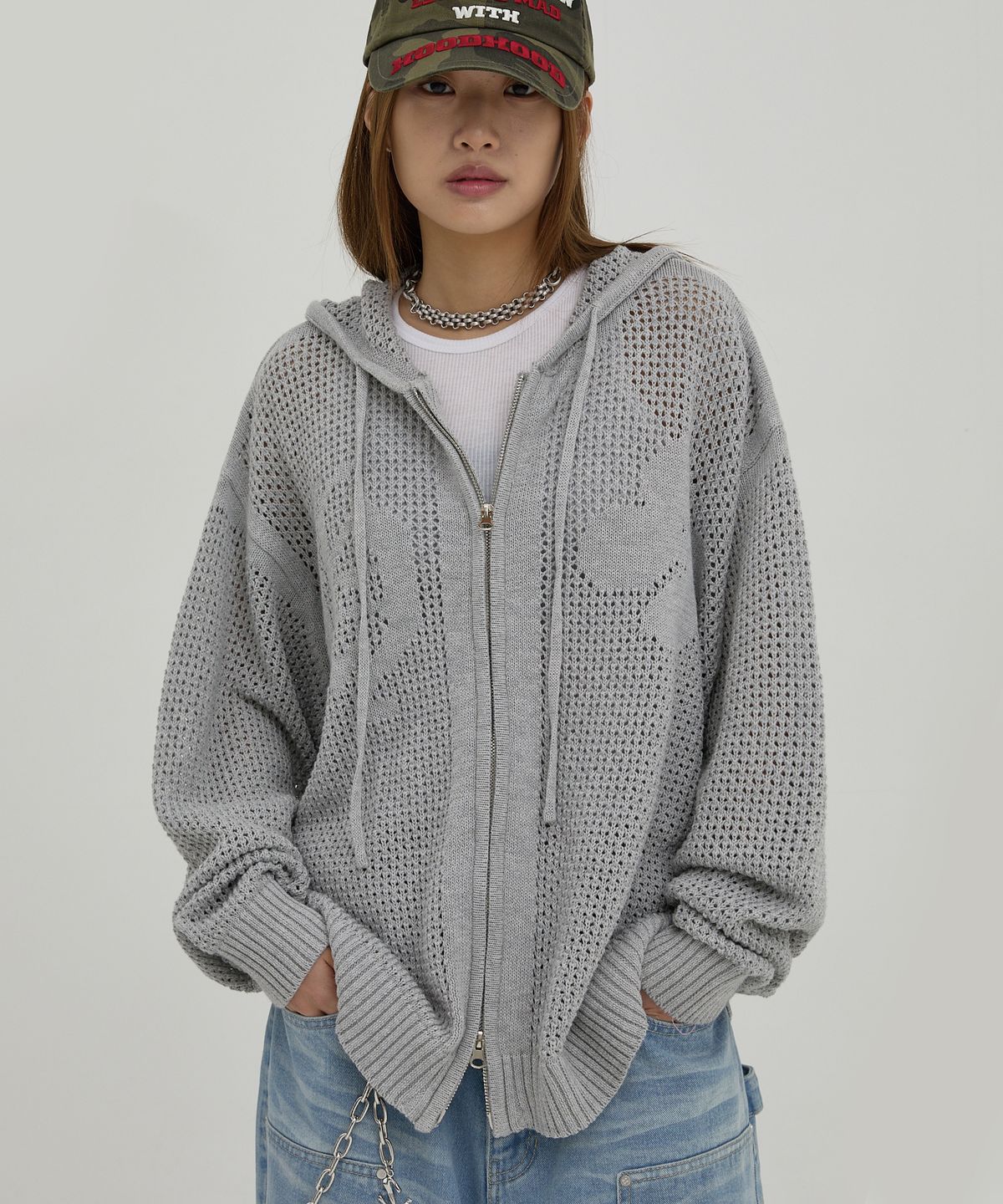 후드후드(HOODHOOD) H 스카시 니트 후드 집업 그레이