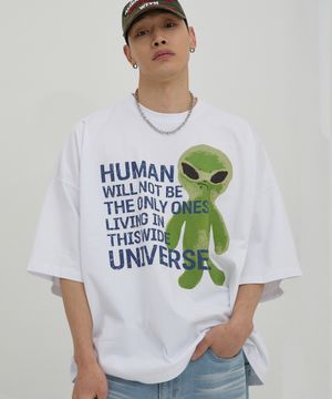 에일리언 슬로건 오버핏 반팔티셔츠 화이트