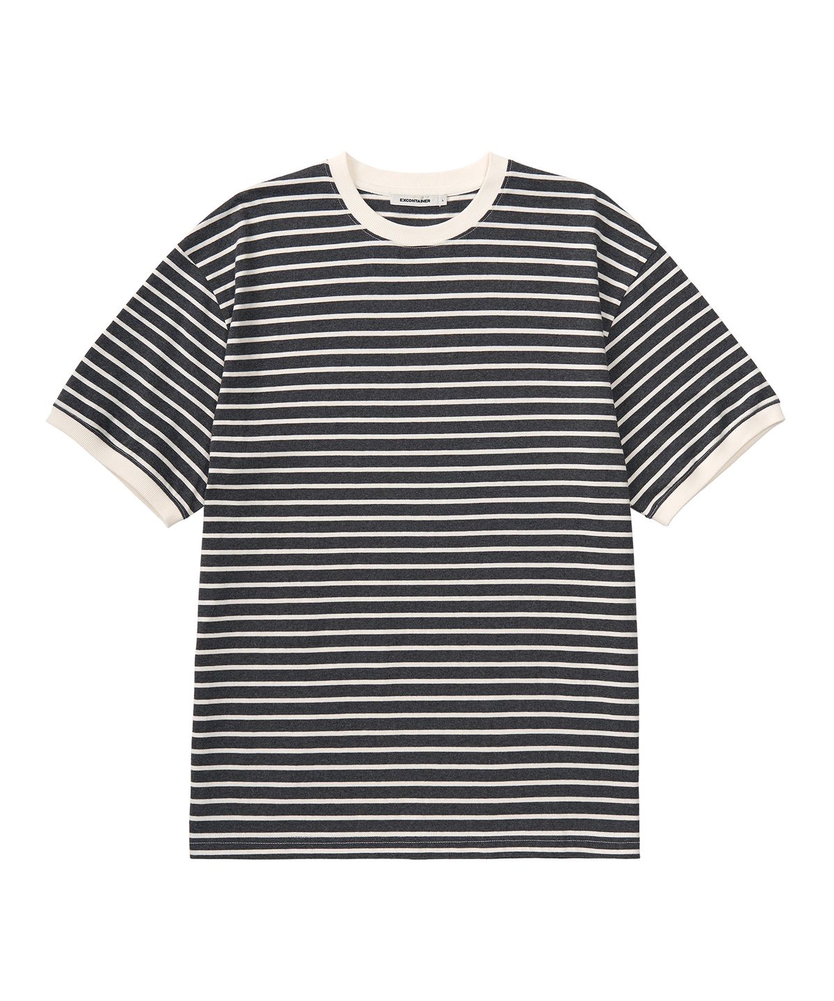 엑스컨테이너(EXCONTAINER) 리브드 스트라이프 하프 링거 티셔츠 (CREAM GREY)