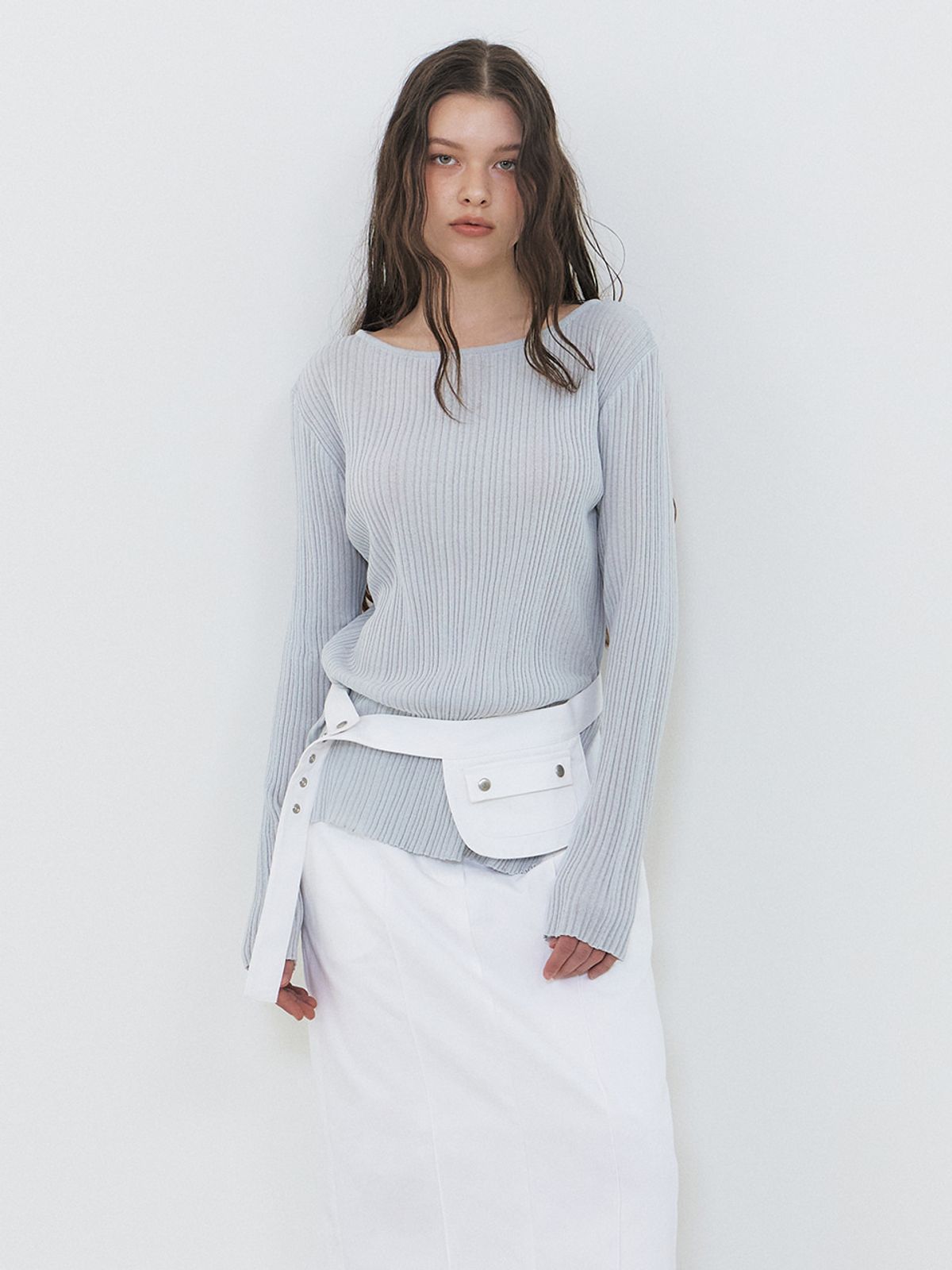 에트몽(ETMON) Boat-Neck Ribbed Knit, Greyish Blue