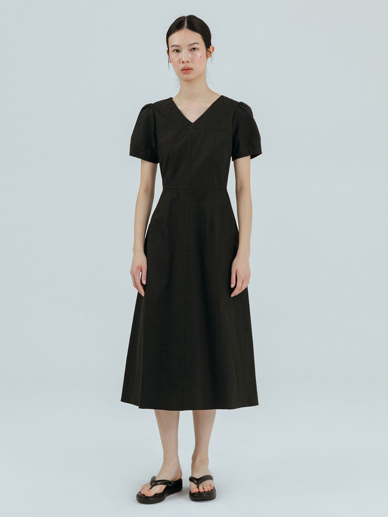 Curved V-Neck Dress, Black