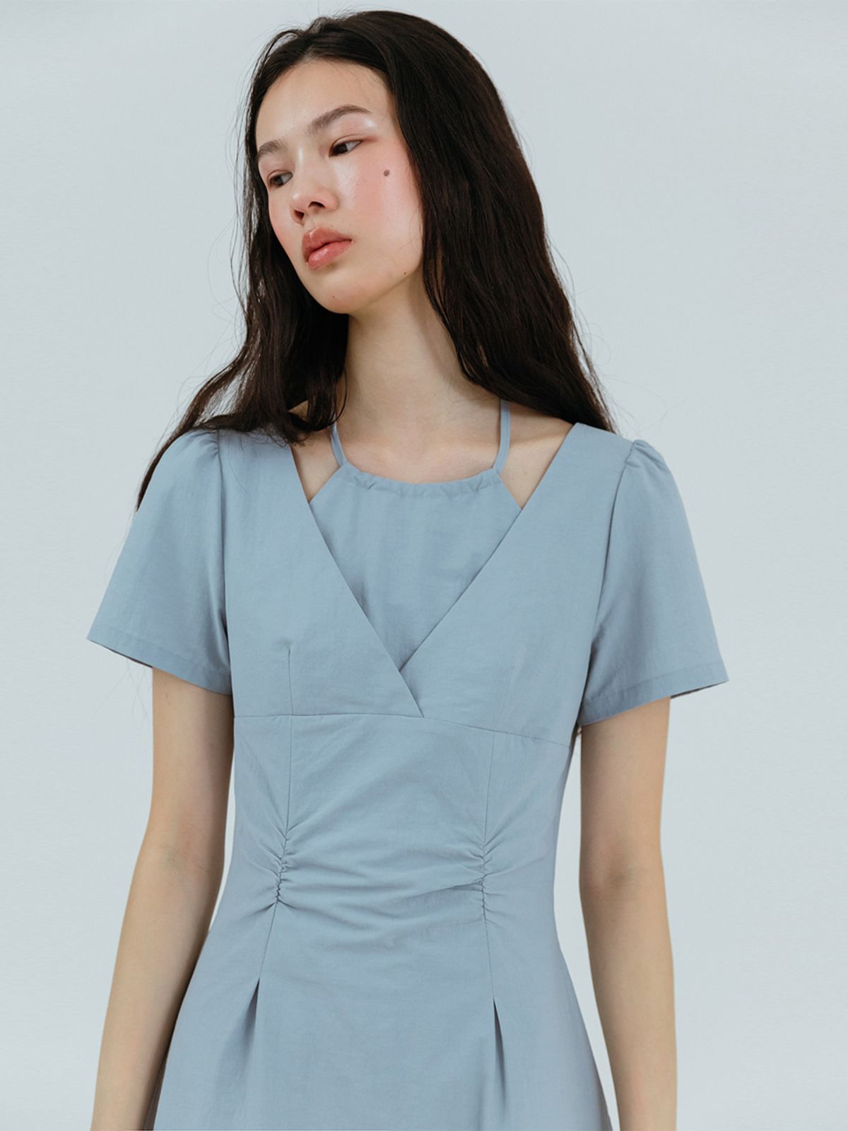 에트몽(ETMON) Halter-Neck Shirring Dress, Sky Blue