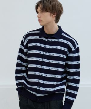 스카시 스트라이프 카라 니트 가디건 [네이비]