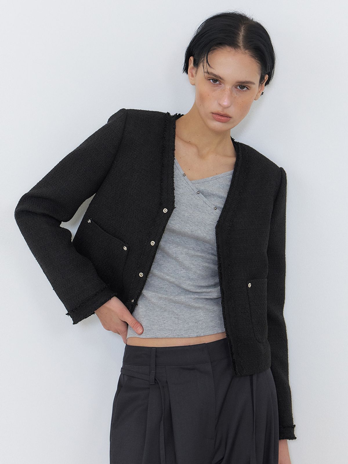 에트몽(ETMON) Rivet Pocket Tweed Jacket, Black