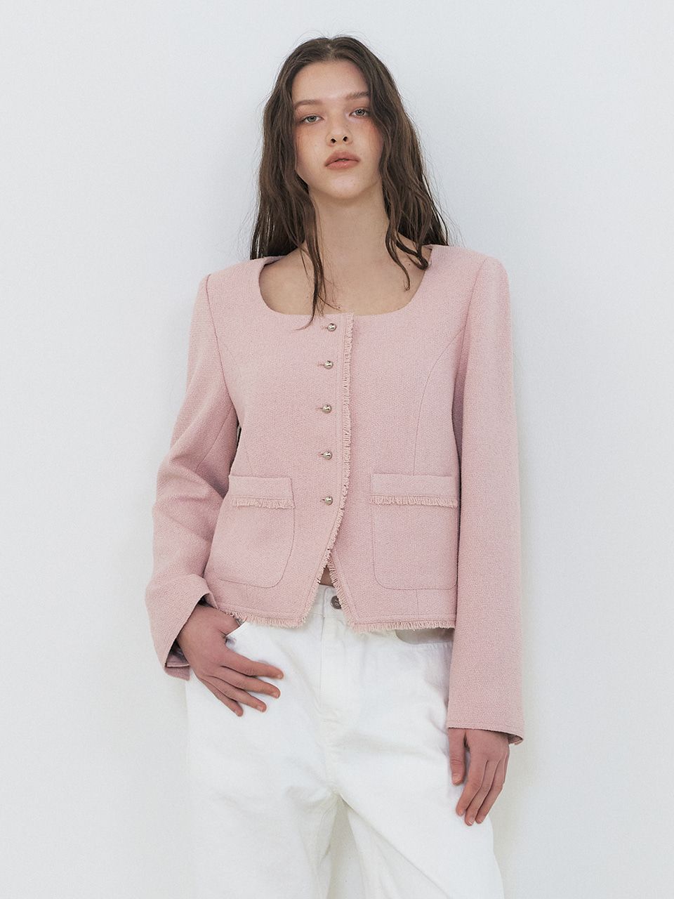 ★ETMON★ Button Square Tweed Jacket Pink JK120USS42 MUSINSA | ETMON Button Square Tweed Jacket, Pink