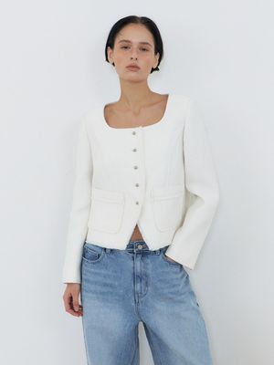Button Square Tweed Jacket, White