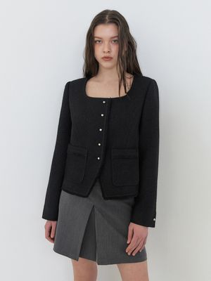 Button Square Tweed Jacket, Black