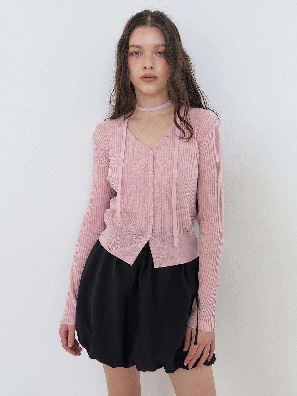 에트몽(ETMON) Linen Scarf Knit Cardigan, Light Pink