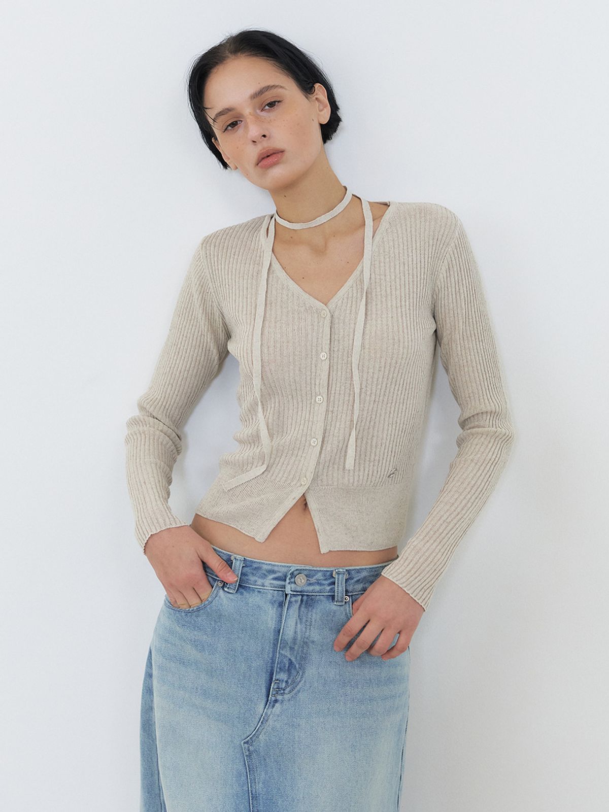 에트몽(ETMON) Linen Scarf Knit Cardigan, Oatmeal