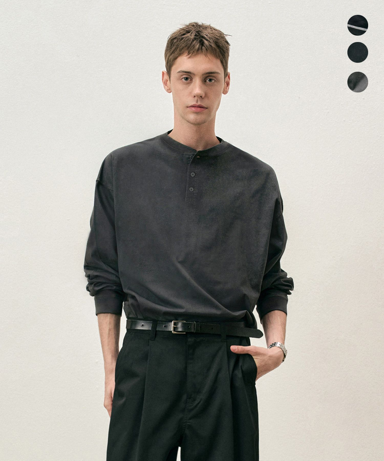 MUSINSA | COSTUME O'CLOCK Pigment Cut Henry Neck Long Sleeve T