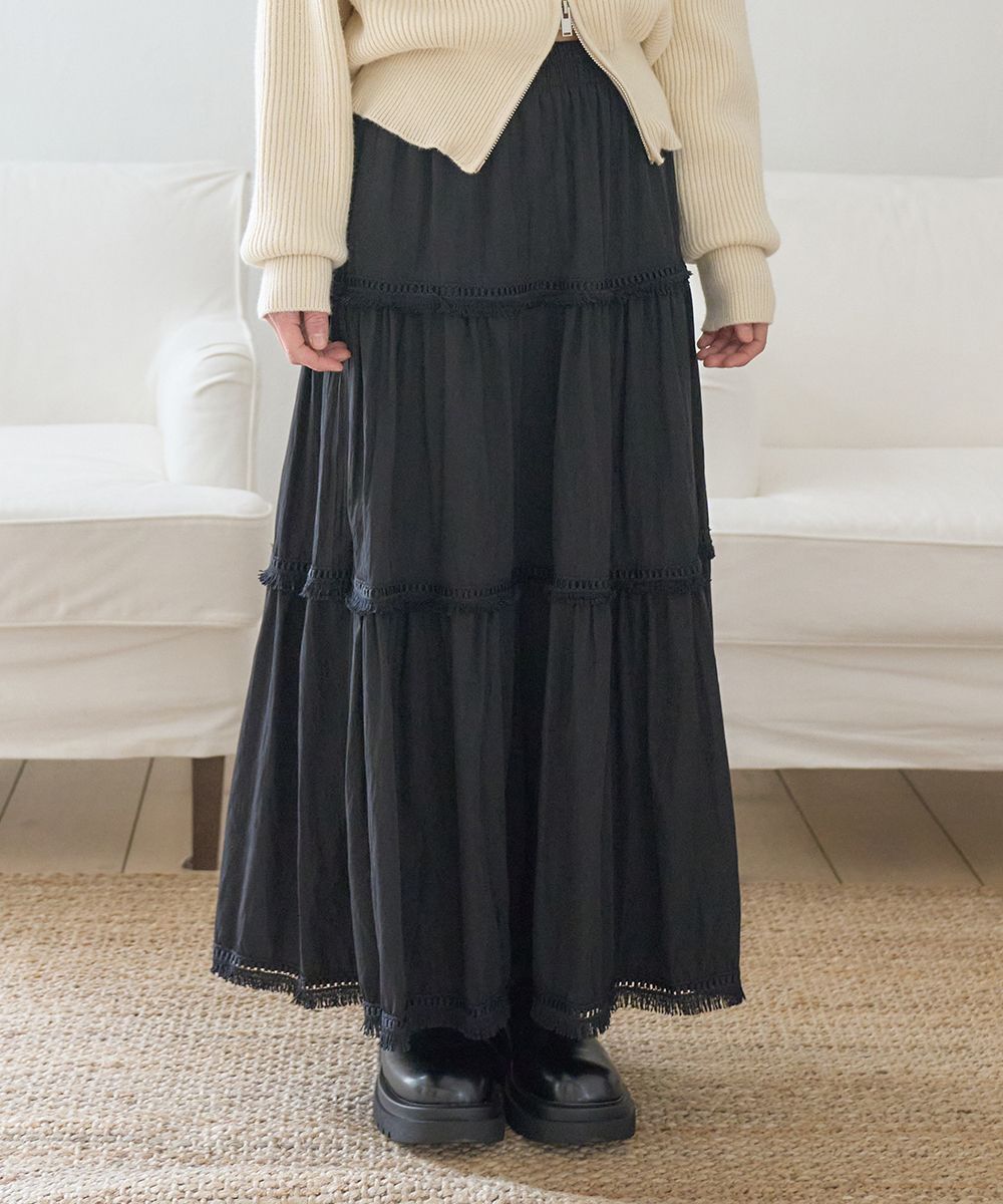 [TheGreenLab] TESSLE FRILL CANCAN ロングスカート *韓国 MUSINSA | THE GREEN LAB Tesla Frill Cancan Long Skirt [Black]