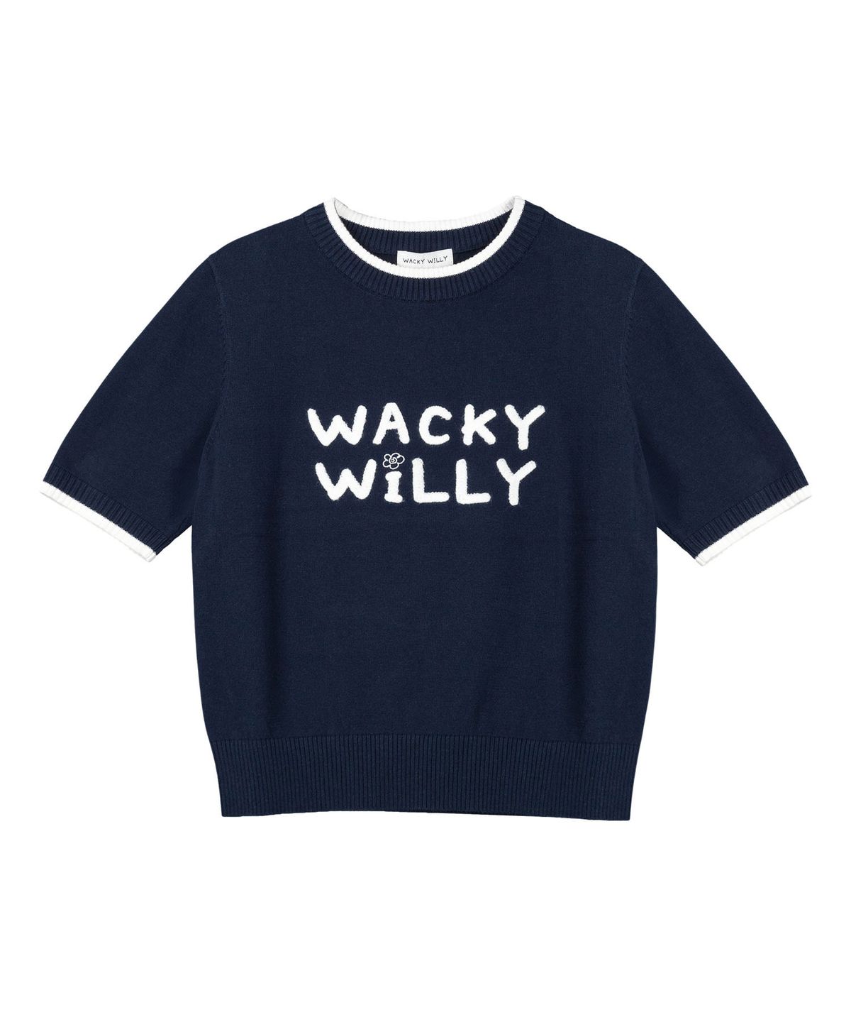 와키윌리(WACKY WILLY) 우먼스 타이포 로고 배색 반팔 니트 네이비
