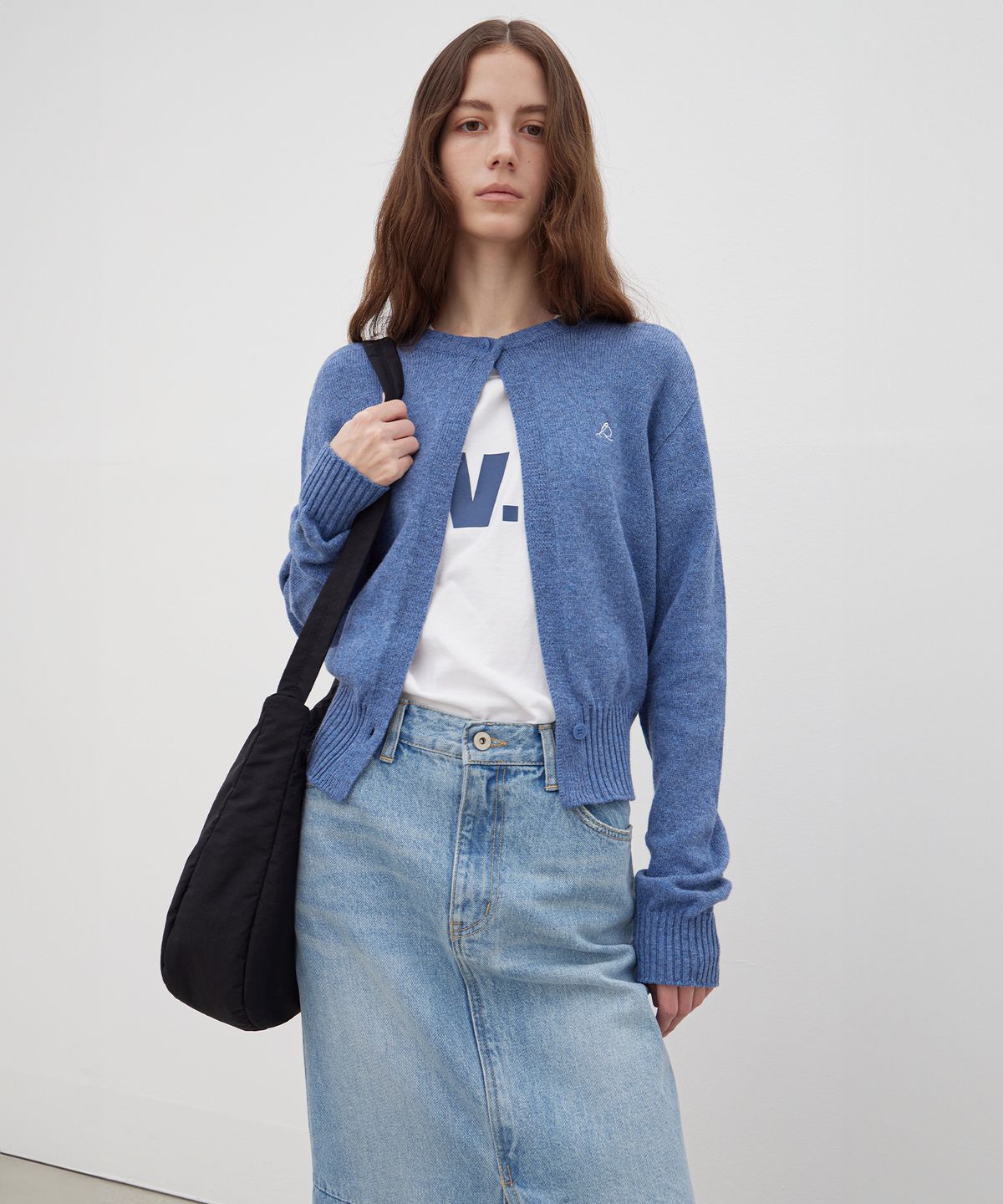 르바(LEVAR) Two-Button Round Knit Cardigan - Steel Blue