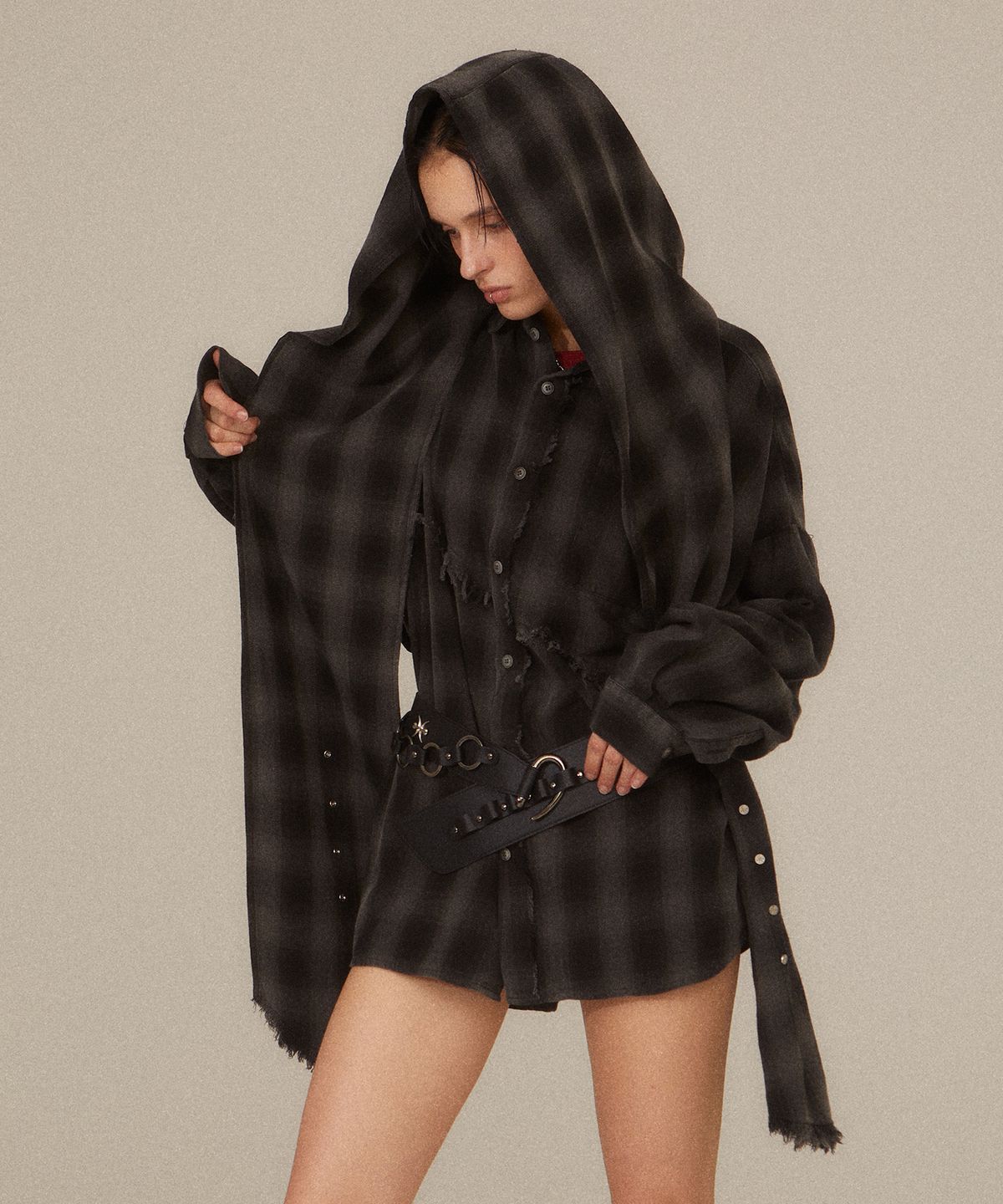 키치앤키스(KITSCH&KISS) Diagonal Checkered Shirt & Hat (25STP-SHRT01) CHARCOAL