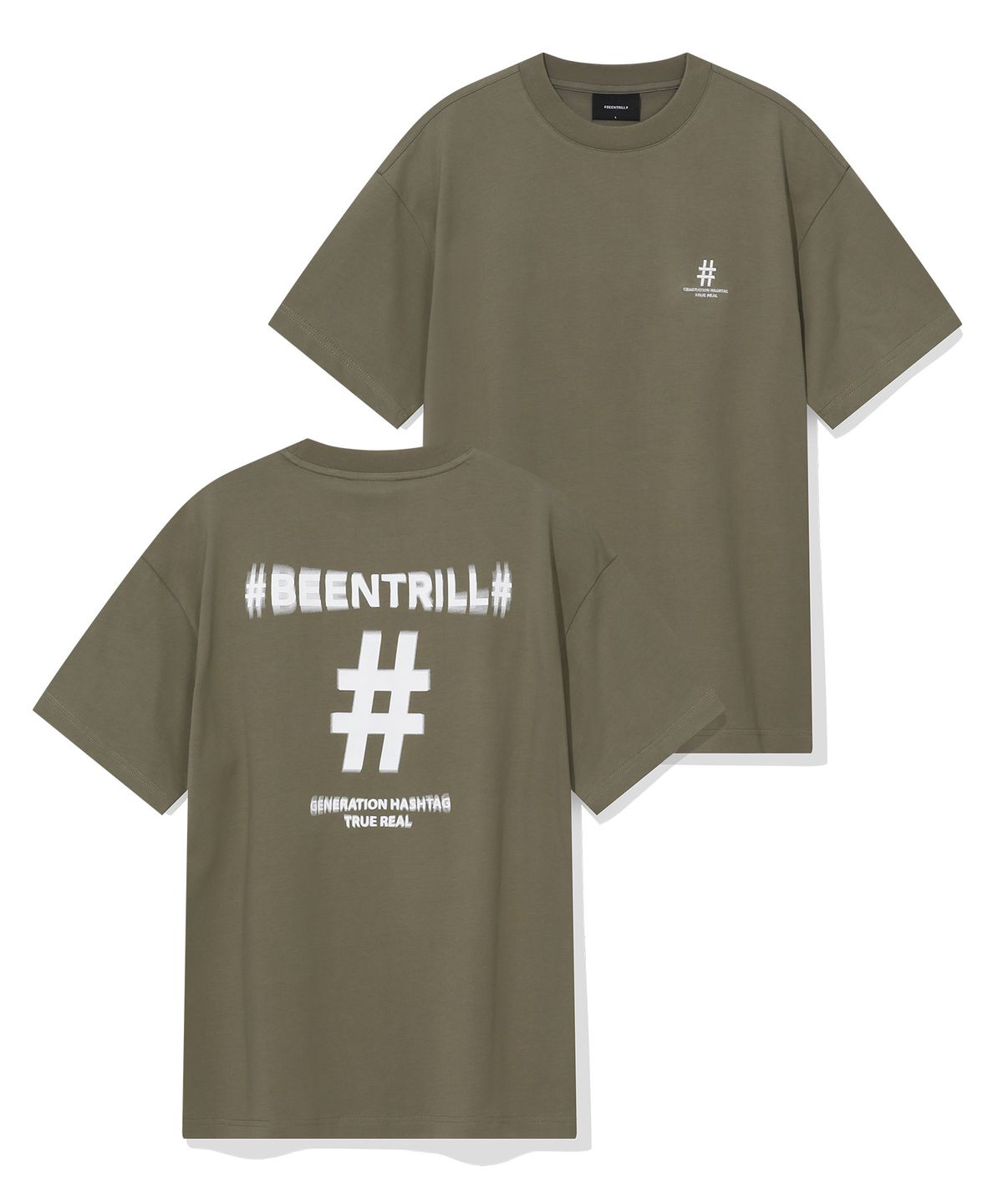 빈트릴(BEENTRILL) 쉐이크 해시태그 컴포트핏 티셔츠(카키)