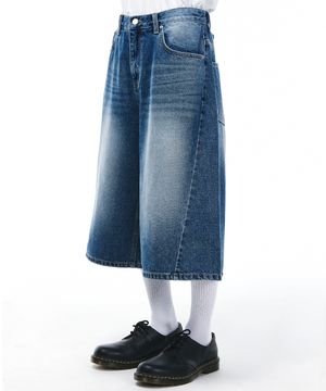 워싱 커브드 버뮤다 데님 팬츠[인디고]