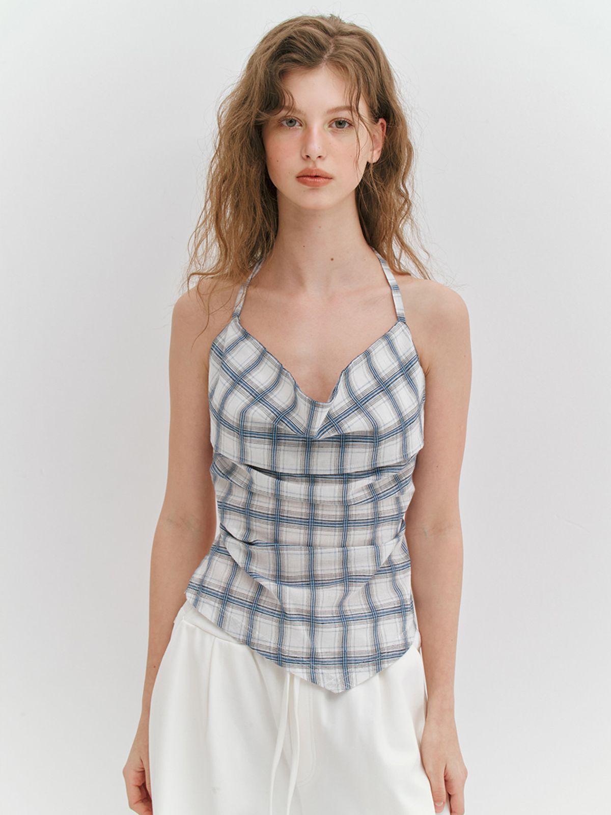 민더리(MEENDERI) CHECK HALTER TIED TOP - WHITE