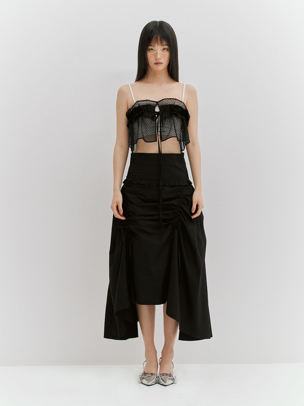 민더리(MEENDERI) SHIRRING RIBBON LONG SKIRT - BLACK
