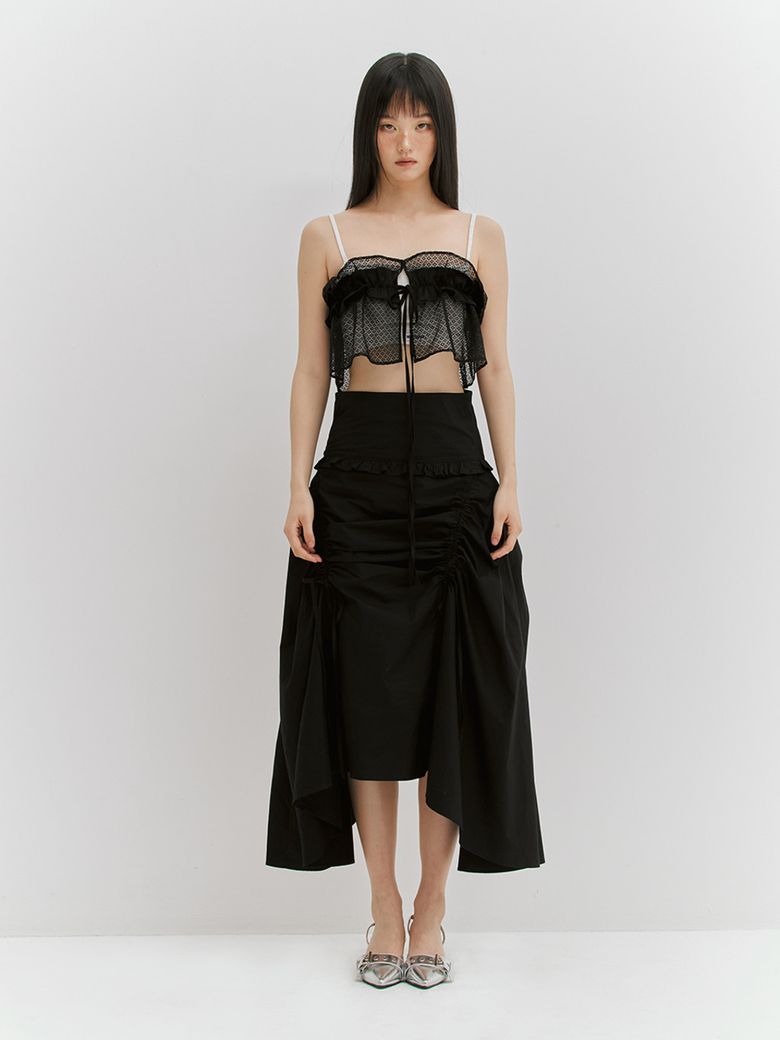 SHIRRING RIBBON LONG SKIRT - BLACK