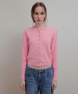 COVERED BUTTON PUFF CARDIGAN - PINK