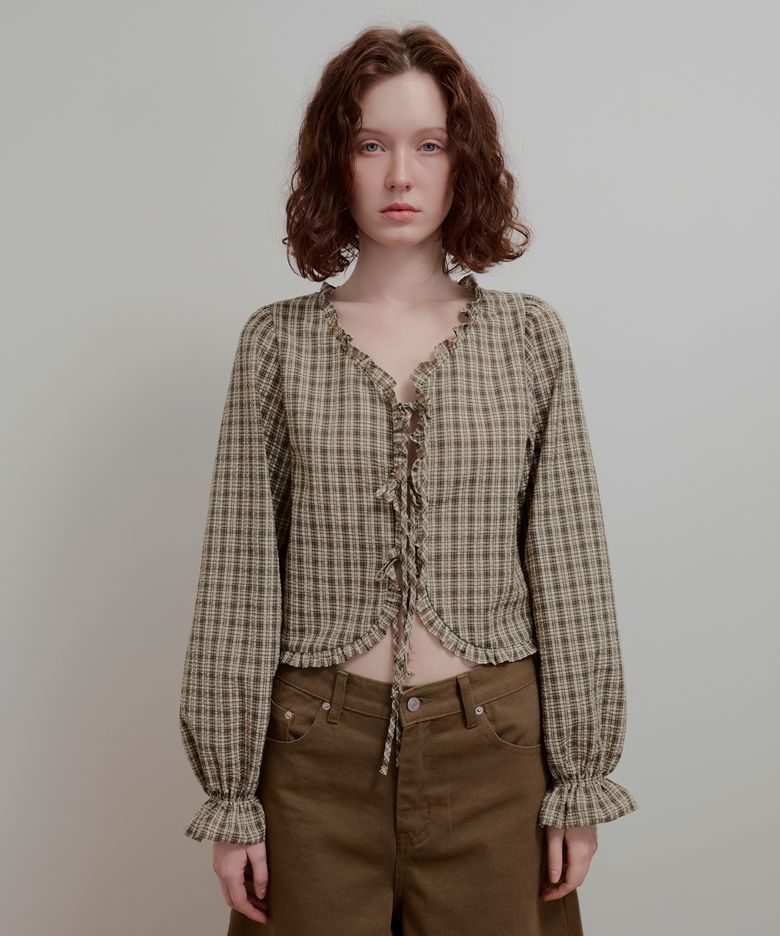 RUFFLE RIBBON BLOUSE - CHECK