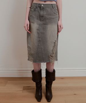 VINTAGE WASHED DENIM SKIRT - GRAY