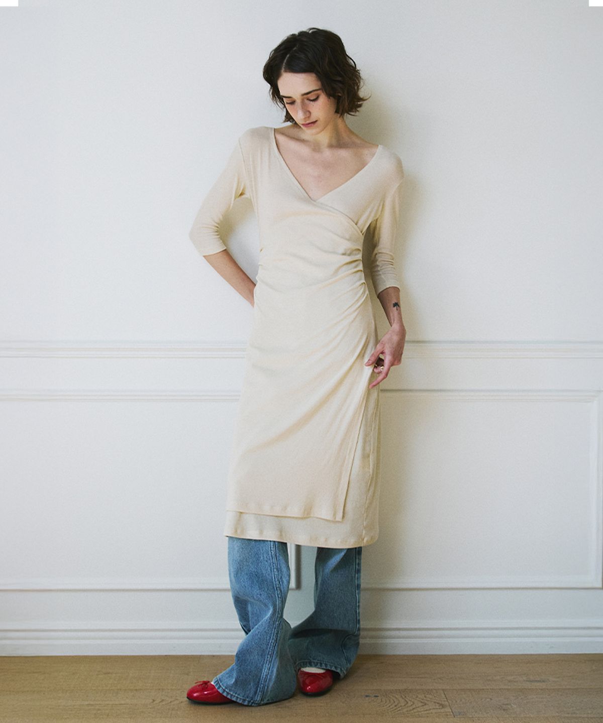 그린버터(GREENBUTTER) Shirring Wrap Dress (L/Beige)