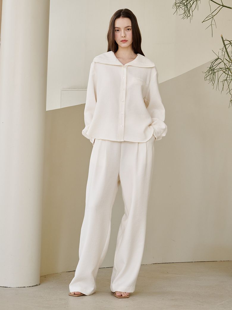 세일러 카라 링클 블라우스 셋업 - 아이보리 / Sailor Collar Wrinkle Blouse Set Up - Ivory