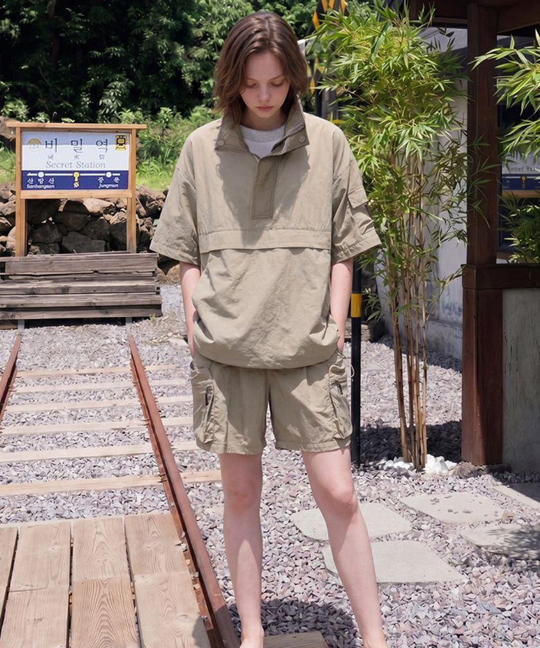 Turtle Neck Anorak Half Set-Up(Khaki) CSOs-011 [Unisex]
