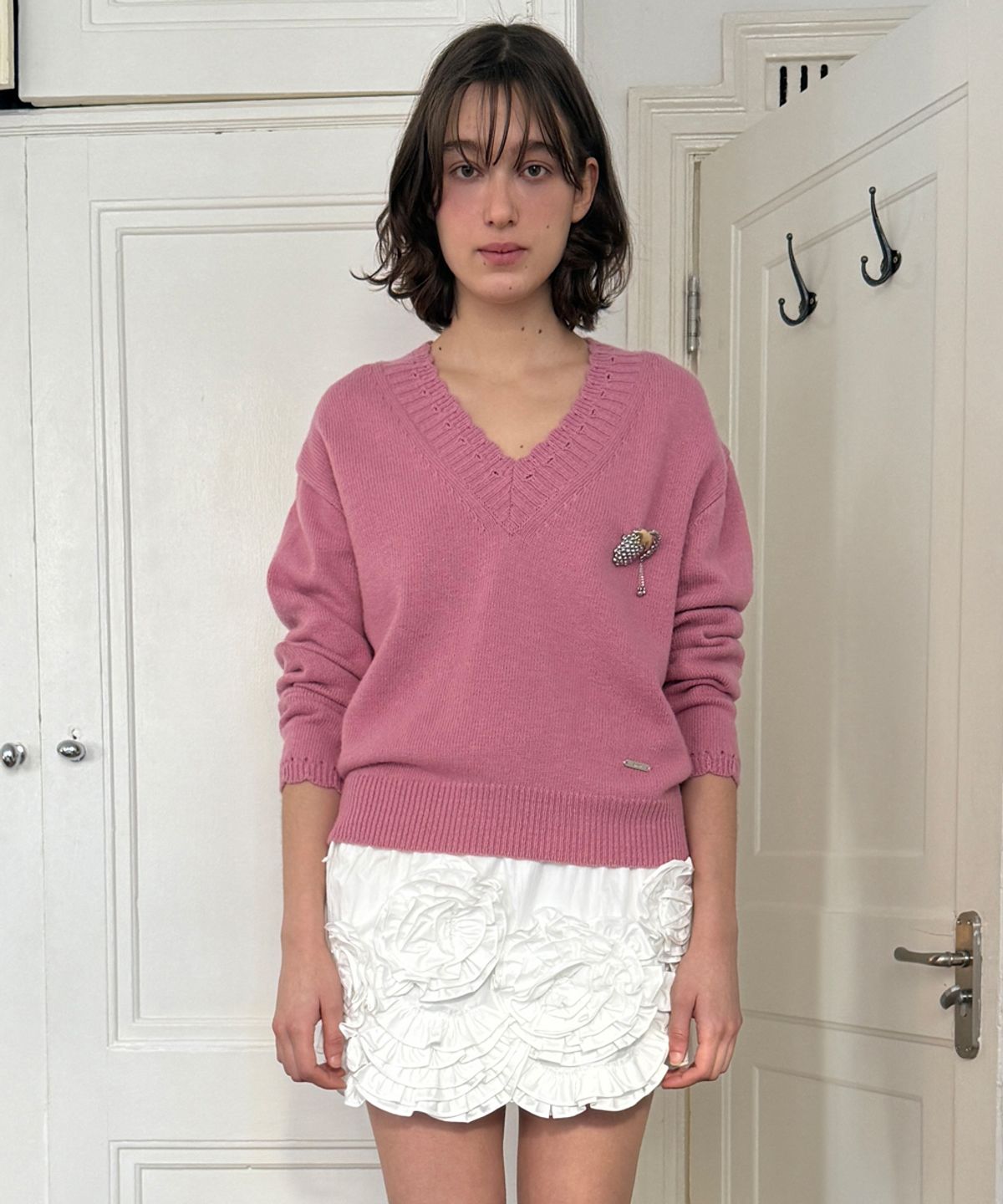 시눈(SINOON) Scallop V-Neck Pullover Knit (Rose)