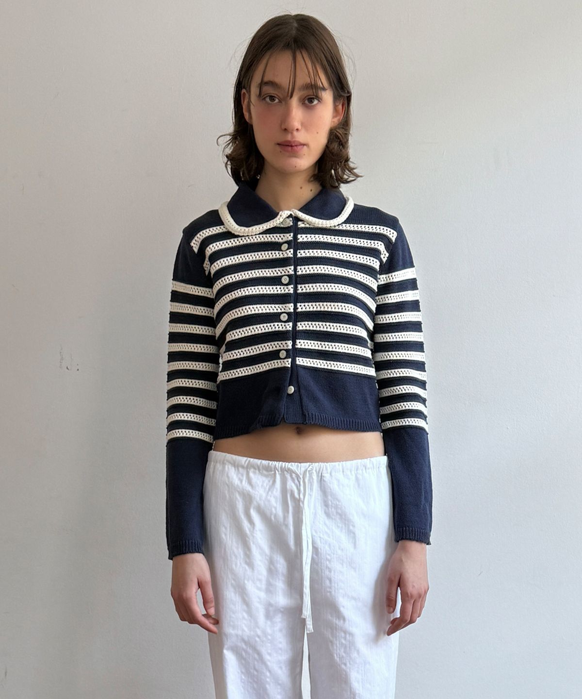 시눈(SINOON) Stripe Collar Cardigan (Navy)