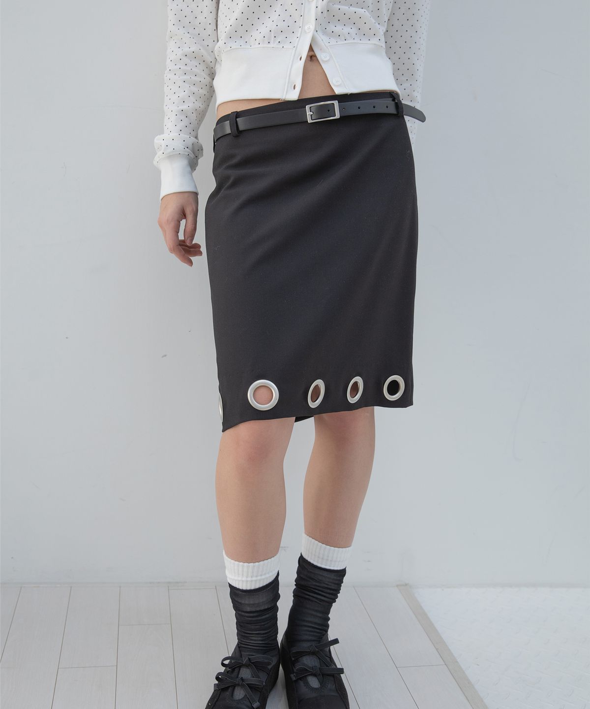 디망쉬(DIMANCHE) EYELET MIDI SKIRT (BLACK)