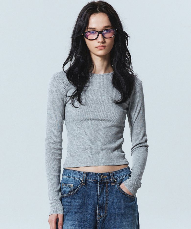 RIBBED SEMI CROP ROUND TOP_GRAY