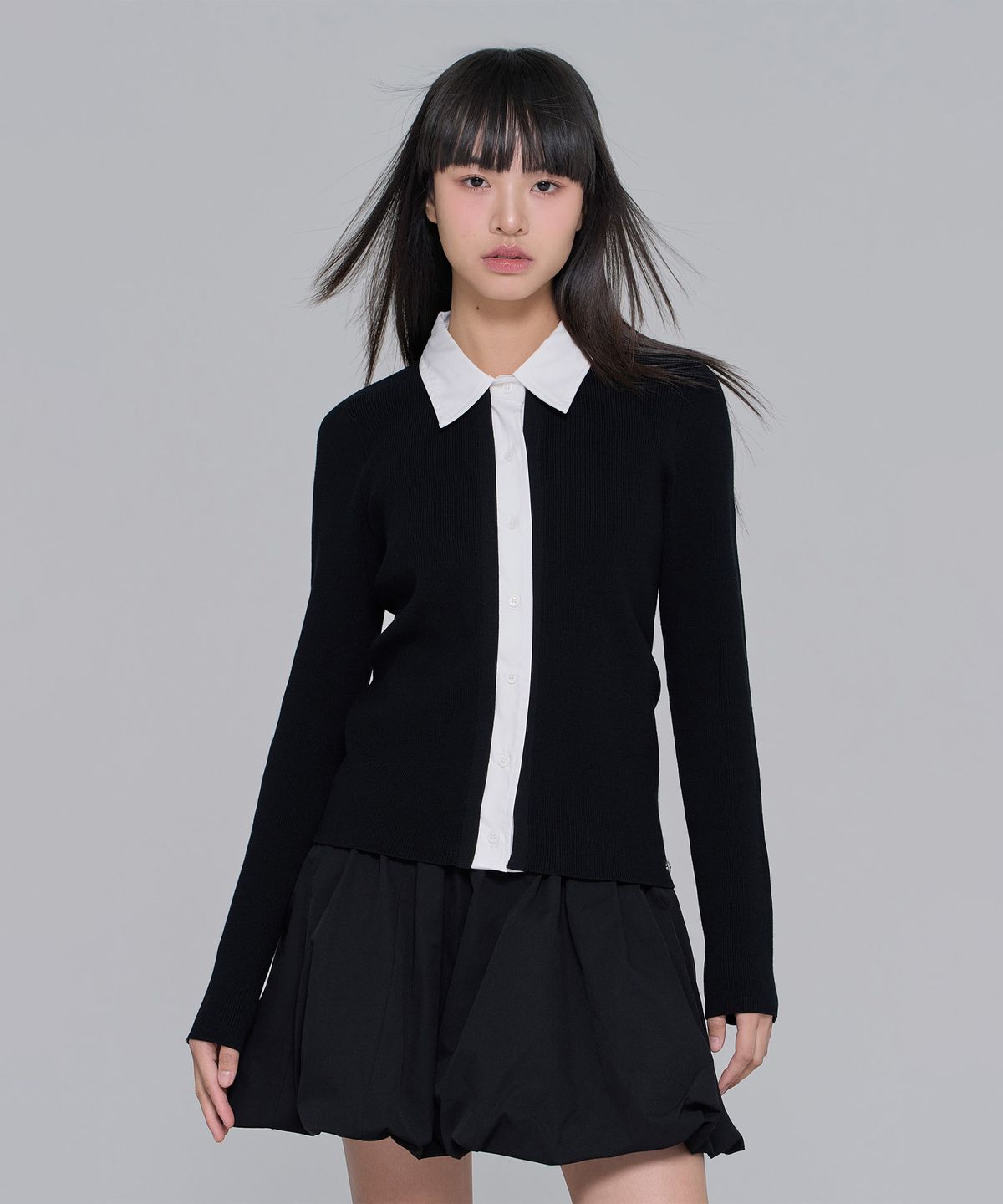플레이부(PLAYBOO) LAYERED SHIRT-CARDIGAN_Black